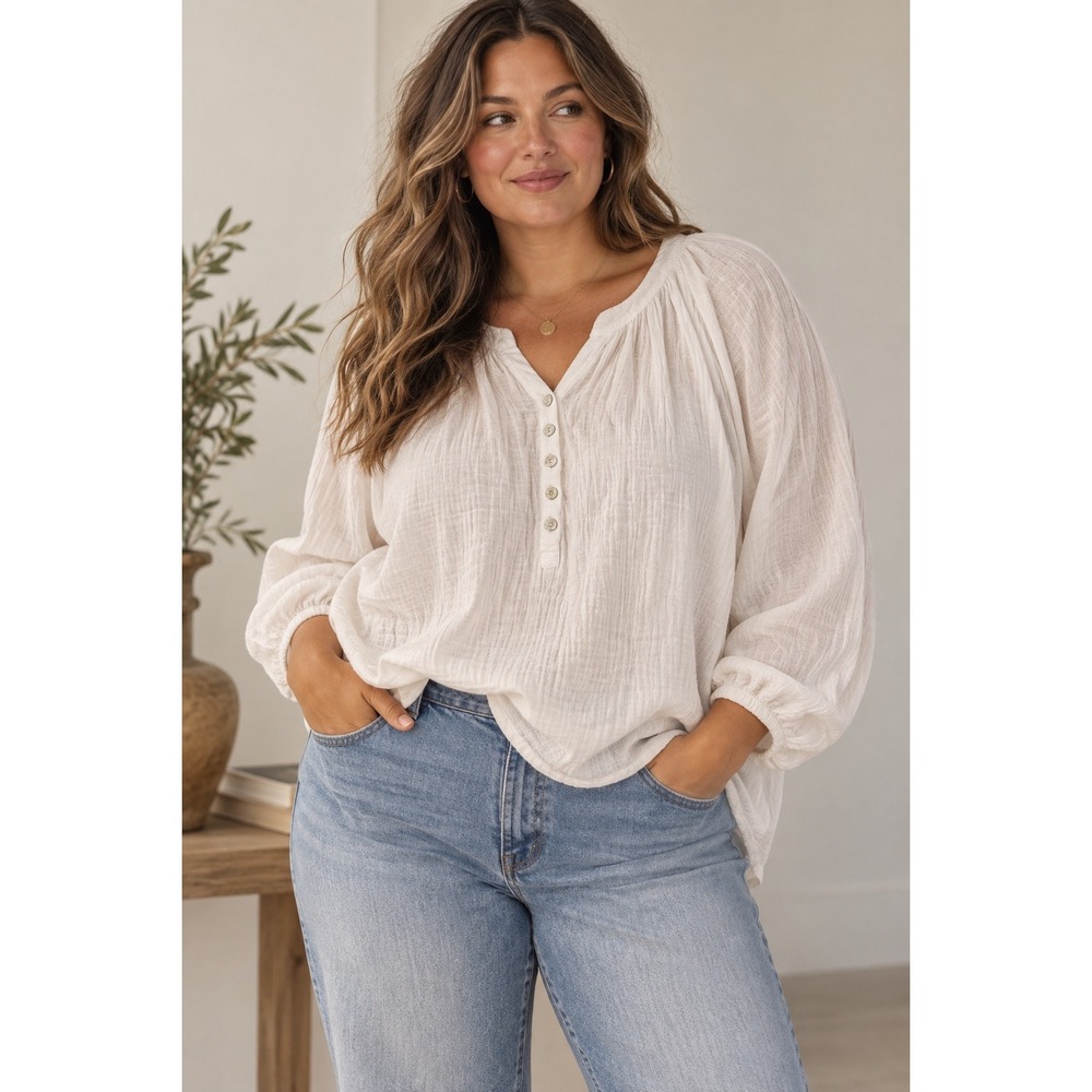 Joie White 100%Cotton Gauze Button Front Blouse Top Plus Size 3X Boho Split Neck